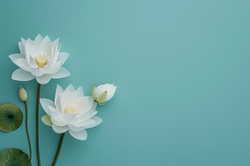 Fototapeta premium White lotus flowers and buds arranged on a turquoise background, evoking tranquility and peace