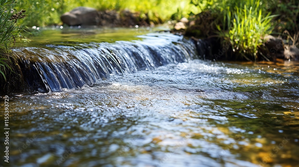 Poster tranquil forest stream flowing gently over rocks surrounded by lush greenery and sunlit landscape : 