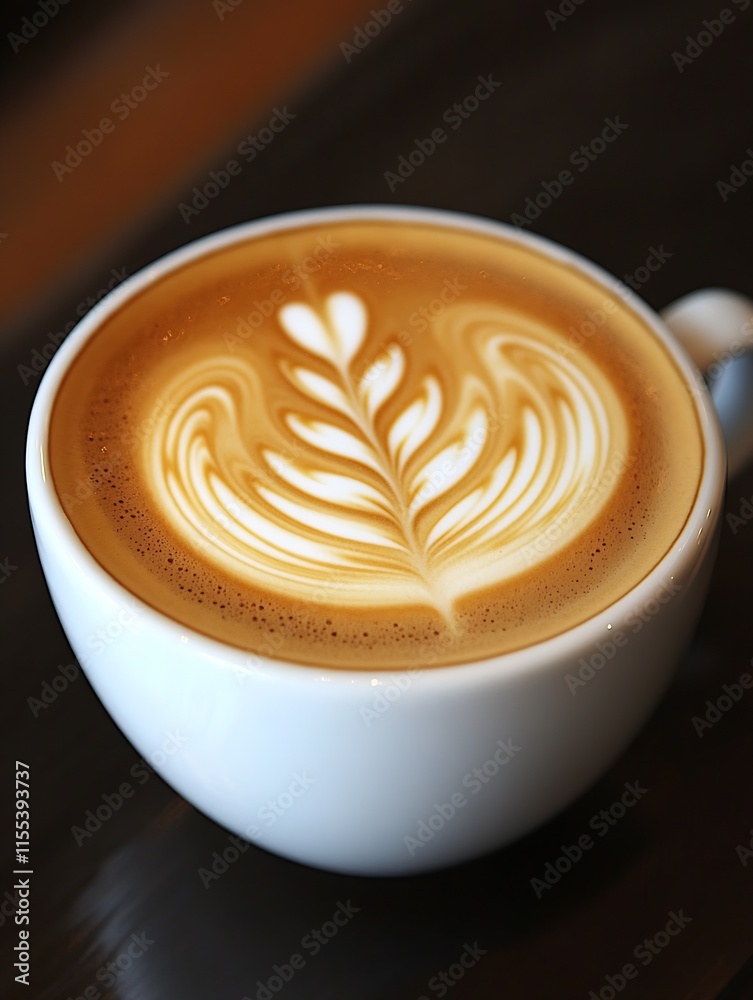 Poster Artistic Latte Art Coffee in Elegant White Cup on Cafe Table : Generative AI