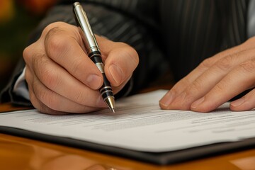 businessman sitting at desk holds pen signing contract paper, lease mortgage, employment hr or affirm partnership, Generative AI