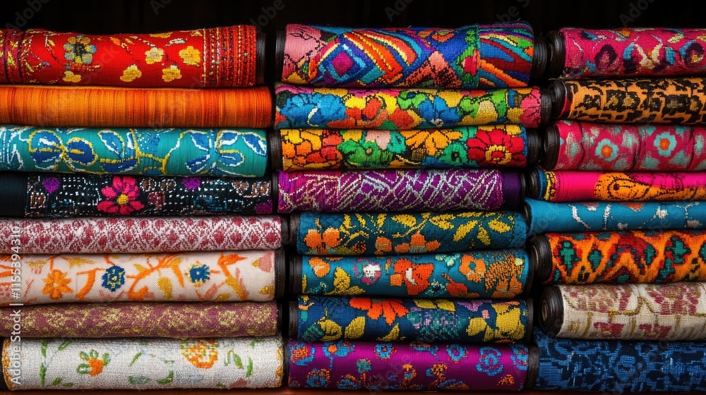 Poster vibrant collection of rolled colorful fabrics showcasing intricate patterns and textures beautifully