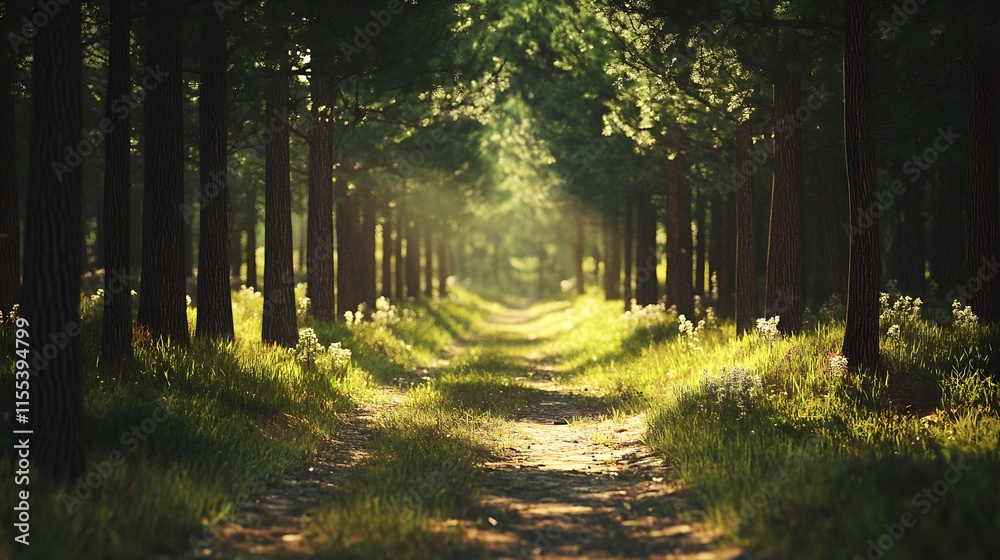Poster tranquil forest path lined with tall pine trees and sunlit wildflowers : generative ai