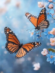 Fototapeta premium Monarch Butterflies on Spring Blossoms - Two monarch butterflies on blue and white flowers, symbolizing nature, beauty, transformation, freedom, and spring.