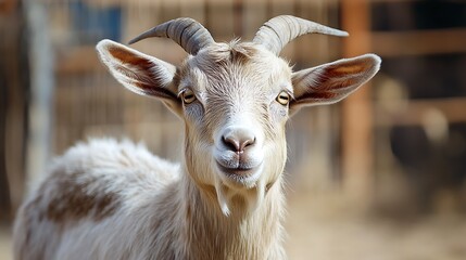 Fototapeta premium Closeup Portrait of a Domestic Goat with Curved Horns in a Rural Setting : Generative AI