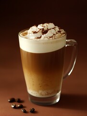Creamy Cappuccino with Frothy Milk Served in Glass Mug on Brown Background : Generative AI