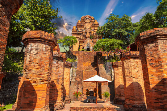 Po Nagar Cham Towers in Nha Trang in Vietnam. Ancient ruins of a Hindu temple in Asia in summer