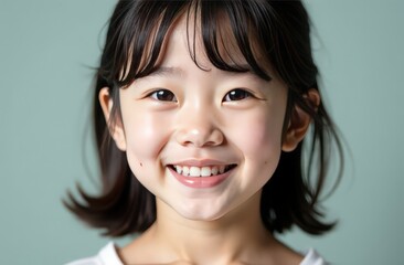 Fototapeta premium Portrait of happy korean girl, airy cute shot on clean background 