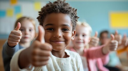 Happy Group Of Diverse School Children Giving Thumbs Up. Education, Diversity Concept.