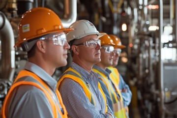 Engineers wearing safety equipment monitoring operations in industrial plant