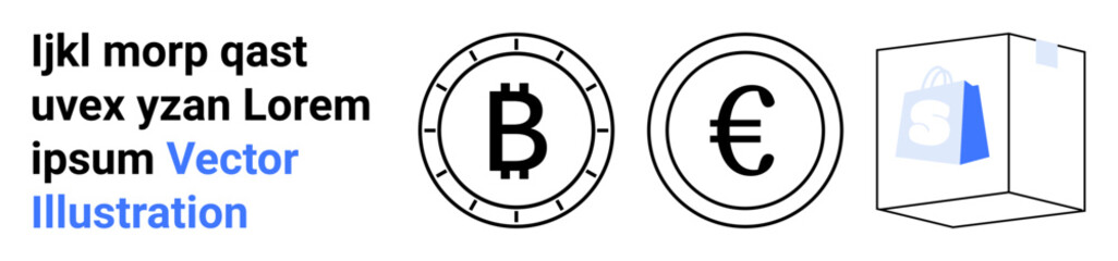 Two coin symbols, Bitcoin and Euro, alongside a transparent shopping bag. Ideal for finance, e-commerce, cryptocurrency, digital transactions, online shopping, fintech, modern commerce. Landing page