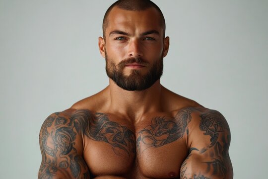 Muscular man with tattoos and beard posing in studio