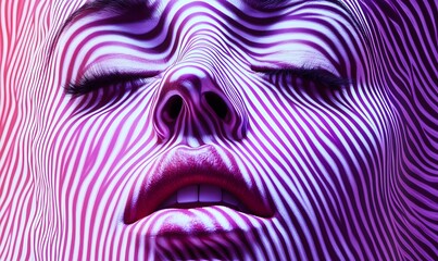 Close-up of a woman's face with pink and purple striped light patterns.