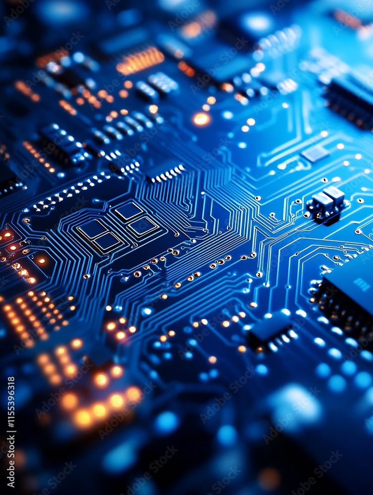 Poster illuminated blue circuit board depicting advanced electronic technology and digital connectivity : g