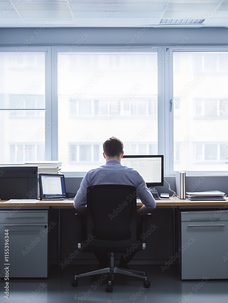 Poster Office Worker Focused on Computer Screen in Modern Corporate Work Environment : Generative AI