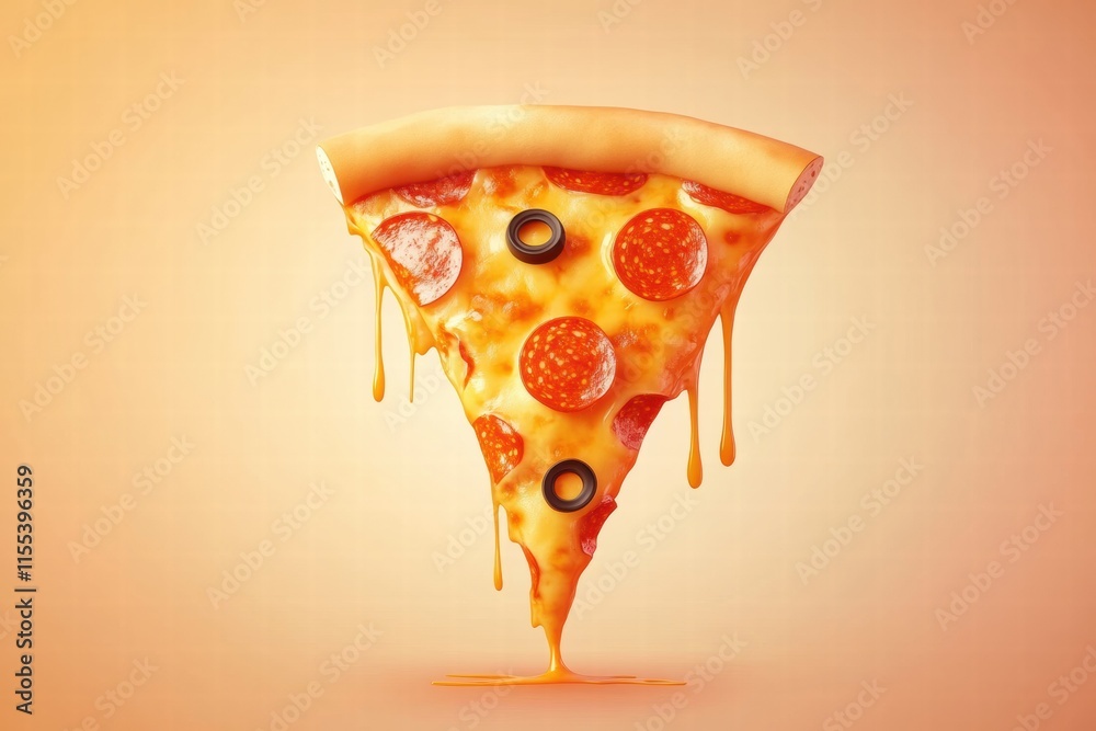 Poster delicious pizza slice with melty cheese and colorful toppings on a minimalist background sure to tem