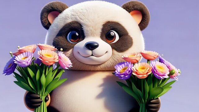 Cute panda with flowers smiling and moving in a playful animation