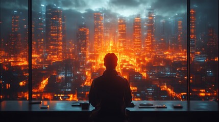 Man gazing at futuristic cityscape at night from a high-rise window.