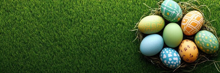 Naklejka premium A colorful assortment of beautifully decorated Easter eggs rests in lush green grass, celebrating the holiday with vibrant hues and intricate patterns that evoke the festive spirit