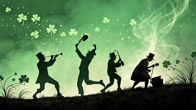 Whimsical musicians celebrate in enchanting green forest with magic lights