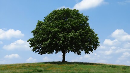Fototapeta premium Lone Majestic Tree Standing on a Grassy Hill Under a Clear Blue Sky : Generative AI