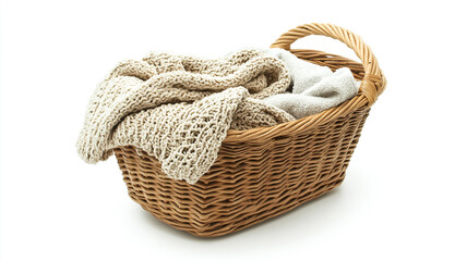 Obraz premium pile of clean laundry in a wicker basket isolated on a white background