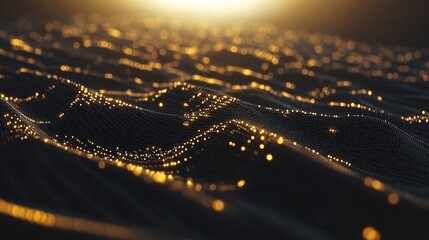 Golden Data Stream. Futuristic Point Wave of Particles, Abstract Digital Wave, 3D Rendering