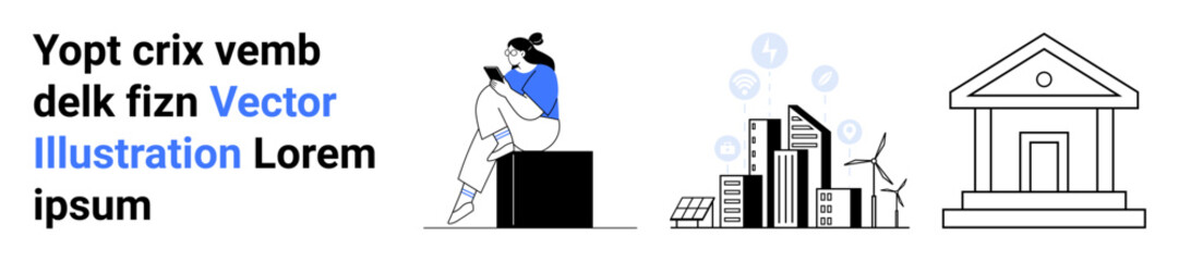 Woman sitting on a box, reading a book cityscape with buildings, wind turbines, digital connections classical building front. Ideal for education, technology, finance, urban development, renewable