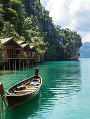 Obraz premium Scenic view of wooden cabins and boat on emerald lake amid lush cliffs on a sunny day : Generative AI