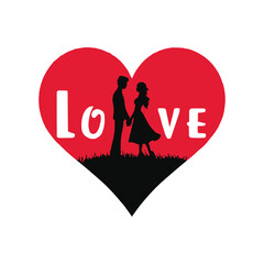 Couple Holding Hands Silhouette Inside a Red Heart with Love Text Vector