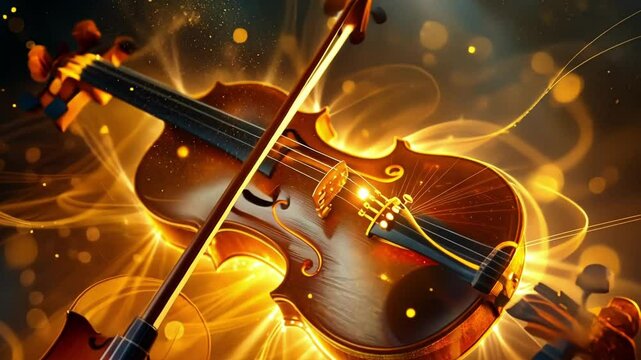 Glowing strings from a violin embody the highenergy quarks dancing and colliding in a cosmic dance.
