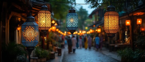 Illuminated lanterns hanging over a cobblestone street at night.