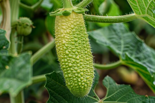 Close up of a curious bumpy cucumber hanging from its vine, thriving in a lush garden setting