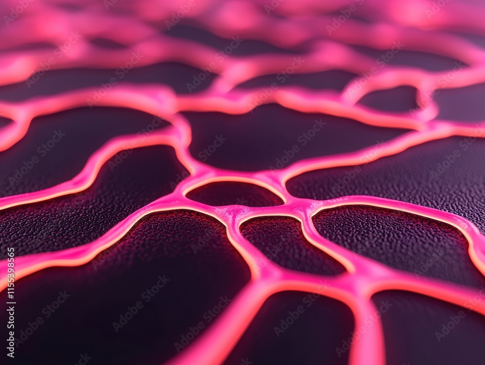 Poster Complex network of glowing nodes spreading and connecting on a dark textured surface, creating a futuristic and technological visual