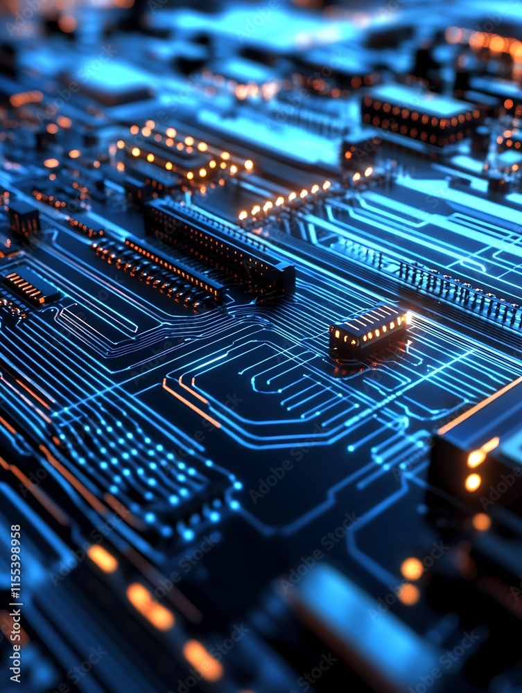 Poster Futuristic Microchip with Glowing Circuits Advanced Technology Background : Generative AI