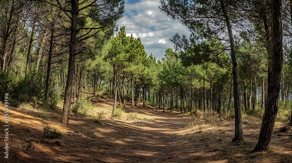 Poster serene panoramic view of sunlit pathway through pine forest with clear blue skies and crisp air : ge