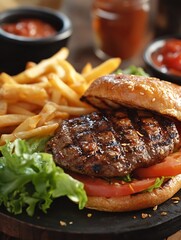 Delicious Grilled Beef Burger with Crisp Lettuce Tomato and Golden French Fries Perfect for Lunch : Generative AI