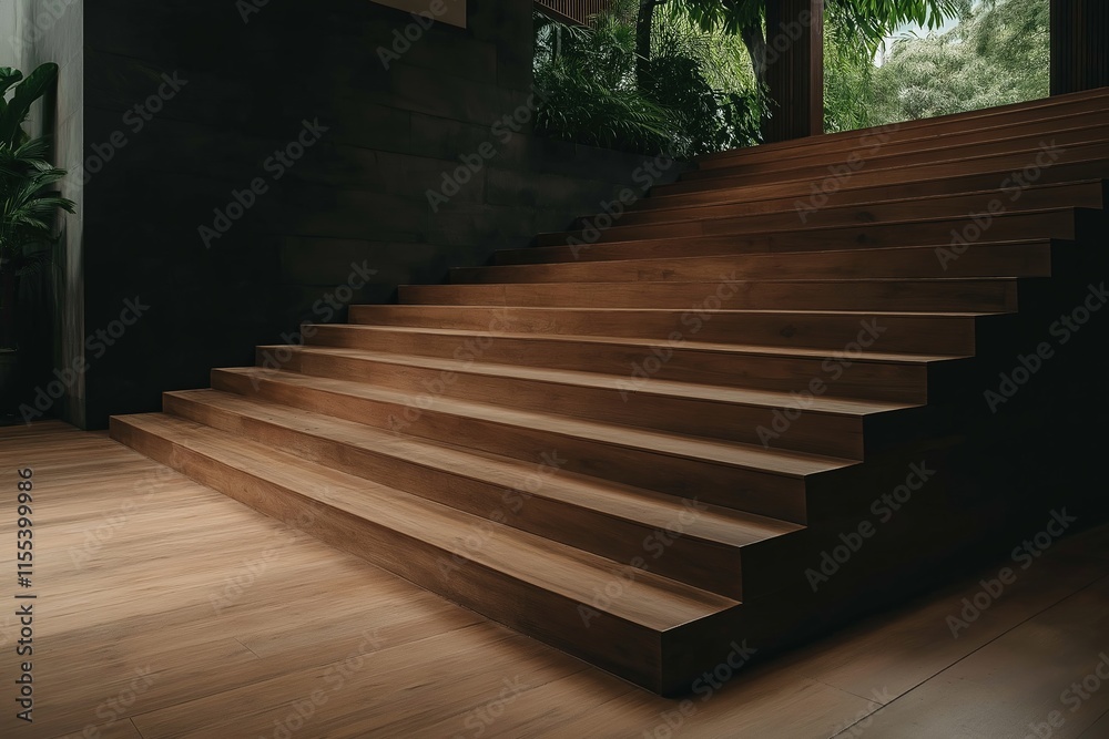 Poster a minimalist staircase with clean lines and smooth wooden treads.