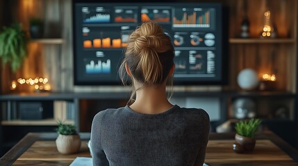 Woman reviewing data analytics on large screen.