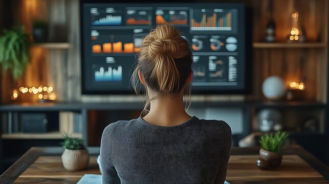 Woman reviewing data analytics on large screen.
