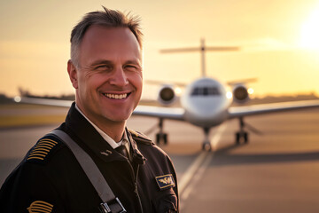 Portrait of a smiling pilot standing on the runway with an airplane in the background.