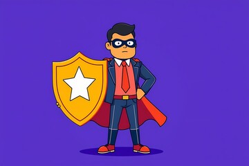 Business Superhero:  A bold illustration of a confident businessman in a superhero costume, holding a star-shaped shield, ready to protect his business.  Perfect for concepts related to security.