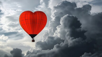 Fototapeta premium Red heart-shaped hot air balloon soaring through soft white clouds on a tranquil day