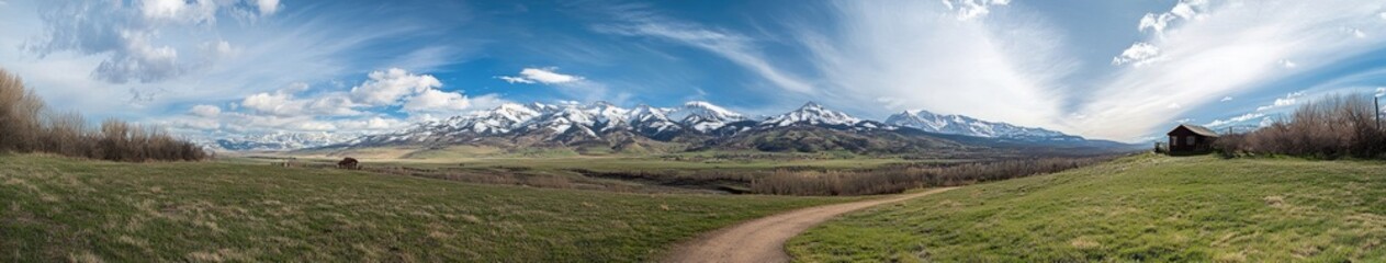 Fototapeta premium Panoramic shot of a green alpine landscape with snow-capped mountains in the background, on a sunny day with a blue sky and white clouds. A dirt path on the right side leads to a small house