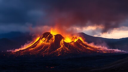 Fototapeta premium Erupting volcano spewing lava amidst dramatic cloudy backdrop : Generative AI