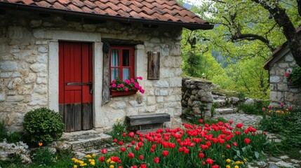 Charming Stone Cottage with Red Door and Blooming Garden