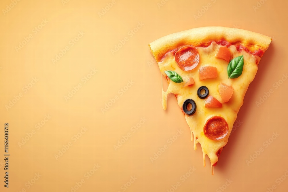 Aufkleber delicious pizza slice with fun toppings and cheese drips on a minimalistic background for a tasty mo