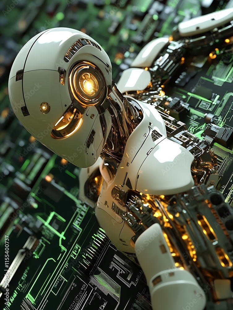 Poster Advanced Futuristic Robot with Circuit Board Background in High Tech Environment : Generative AI