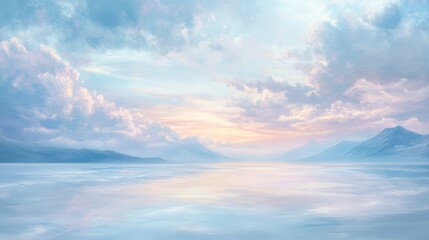 Obraz premium Serene pastel landscape with calm water reflecting a tranquil sky.