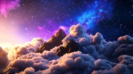 Ethereal Peaks Above Starry Cloudscape - A majestic mountain peak emerges from a sea of clouds, under a vibrant, star-filled galaxy. Symbolizing aspiration, serenity, wonder, dreams, and infinity.
