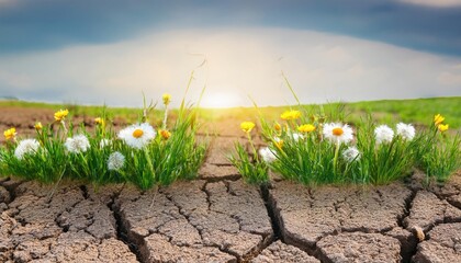 Climate change concept, from drought to green growth. Dry cracked soil become a flowering meadow